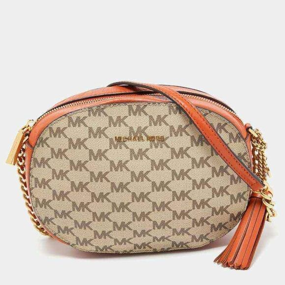 MICHAEL Kors MK Orange/Beige Signature Canvas Leather Ginny Crossbody Bag purse - Picture 1 of 9